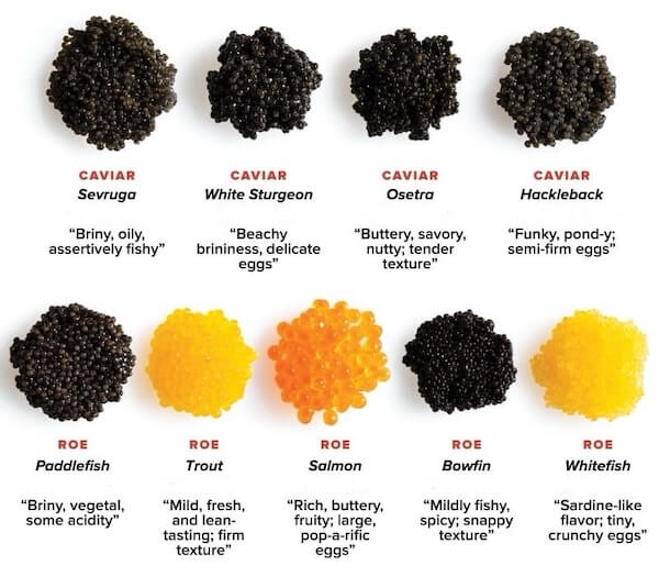 Images of different types of caviar and their descriptions